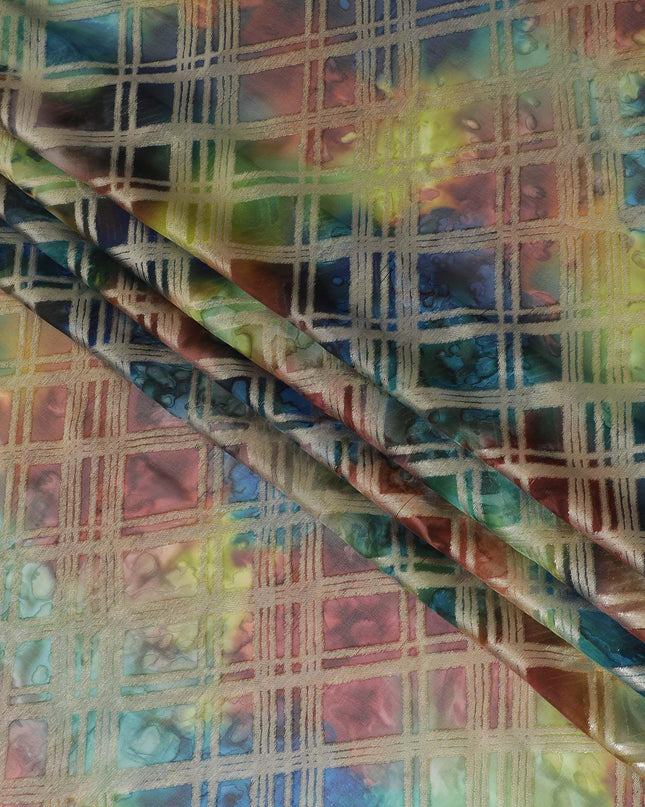 قماش شيفون من الحرير الخالص متعدد الألوان مع لوريكس معدني ذهبي بتصميم مربعات -D11413