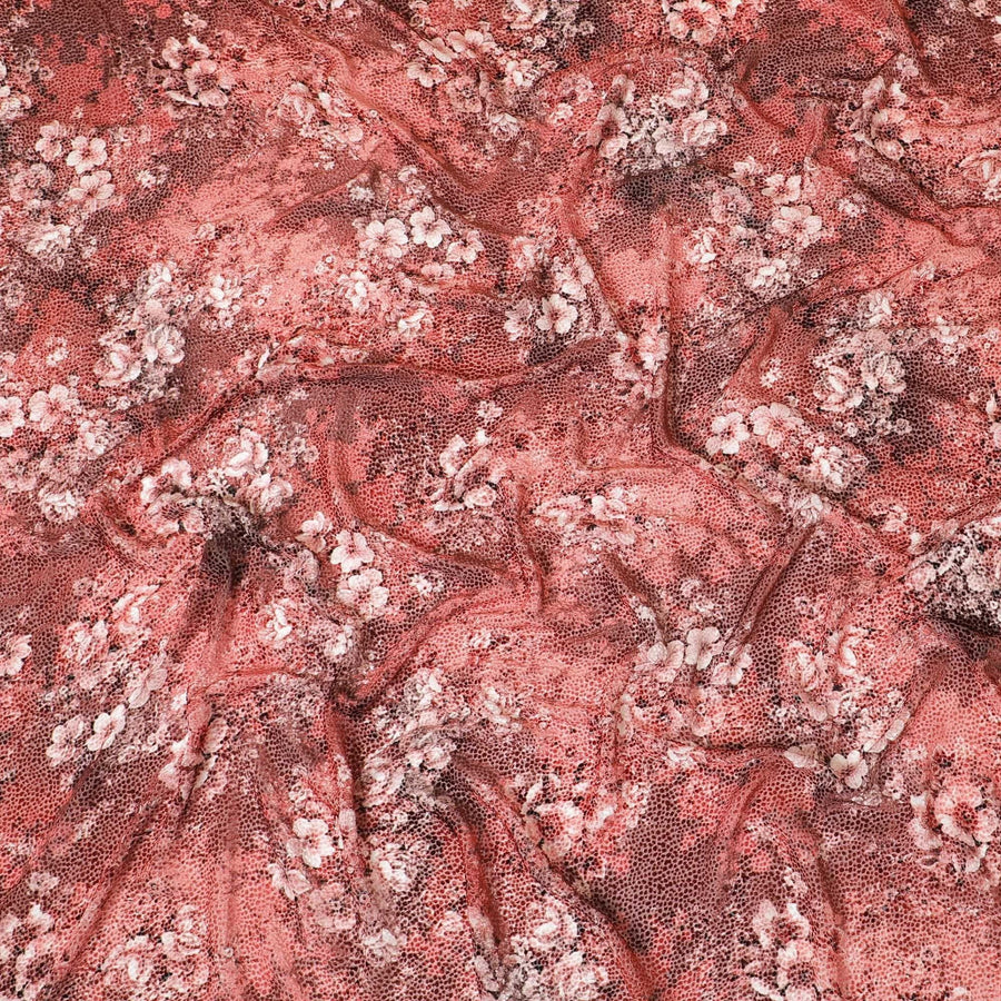 Rusty orange Premium Italian silk chiffon dirac (makmal) fabric with off white and black print having velvet jacquard in floral design-D8701 Regal Fabrics