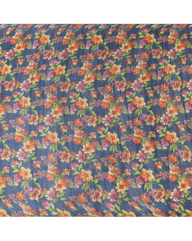 Petrol blue tussar silk fabric with olive green, tangerine orange, blonde yellow and light plum print in floral design-D6140 Regal Fabrics