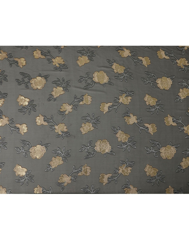 Black French silk chiffon fabric with steel grey, beige viscose and golden metallic lurex in floral design
