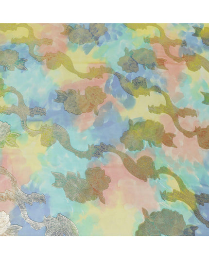 قماش شيفون حريري فرنسي (فرنساوي) فاخر متعدد الألوان مع لوركس معدني ذهبي بتصميم زهور-D14017