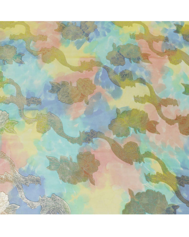 قماش شيفون حريري فرنسي (فرنساوي) فاخر متعدد الألوان مع لوركس معدني ذهبي بتصميم زهور-D14017