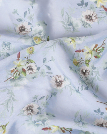 Powder blue synthetic crepe fabric with multicolor print in floral design-D15301 - Regal Fabrics
