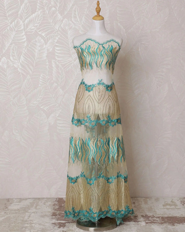 Gold nylon tulle fabric with same tone, turquoise blue embroidery having stone work in fancy design-D14754 Regal Fabrics