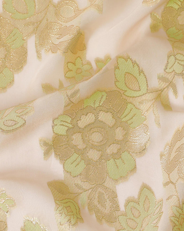 قماش شيفون حريري فرنسي (فرنساوي) فاخر باللون الأصفر الذهبي مع الفيسكوز الأخضر النيون والوركس المعدني الذهبي بتصميم الأزهار-D14271