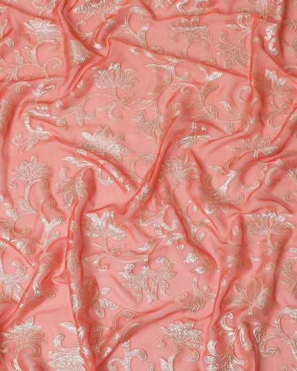 قماش شيفون من الحرير الخالص باللون البرتقالي اليوسفي مع لوريكس معدني ذهبي بتصميم زهور - D14150
