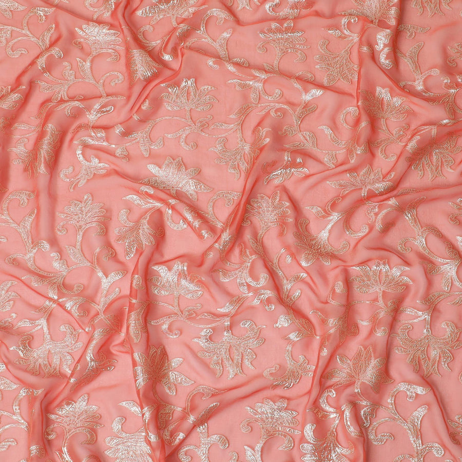 قماش شيفون من الحرير الخالص باللون البرتقالي اليوسفي مع لوريكس معدني ذهبي بتصميم زهور - D14150