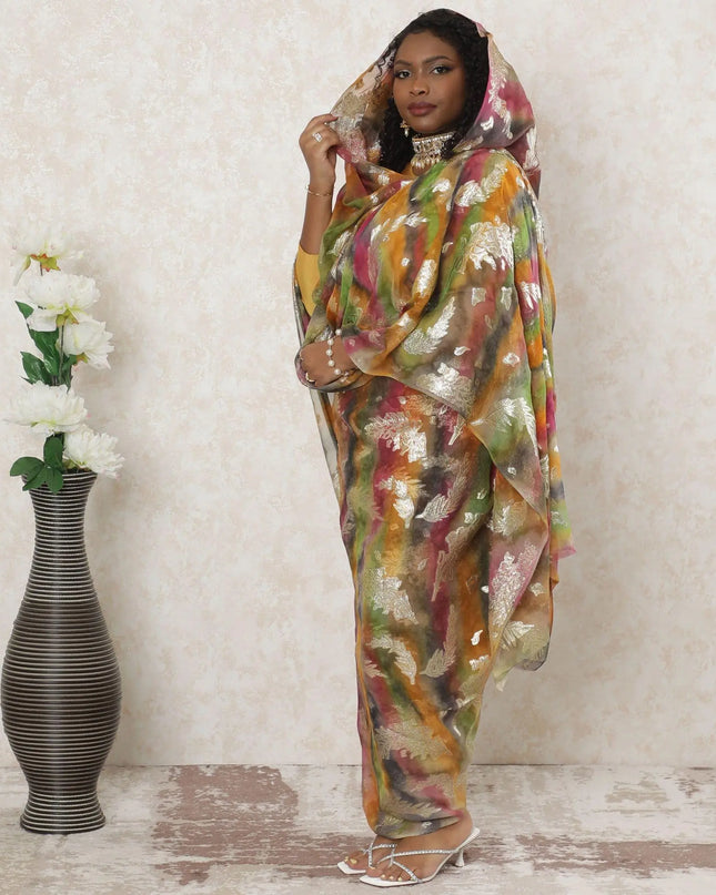 Multicolor Premium pure silk chiffon thobe with gold metallic lurex in floral design-D14349 Regal Fabrics