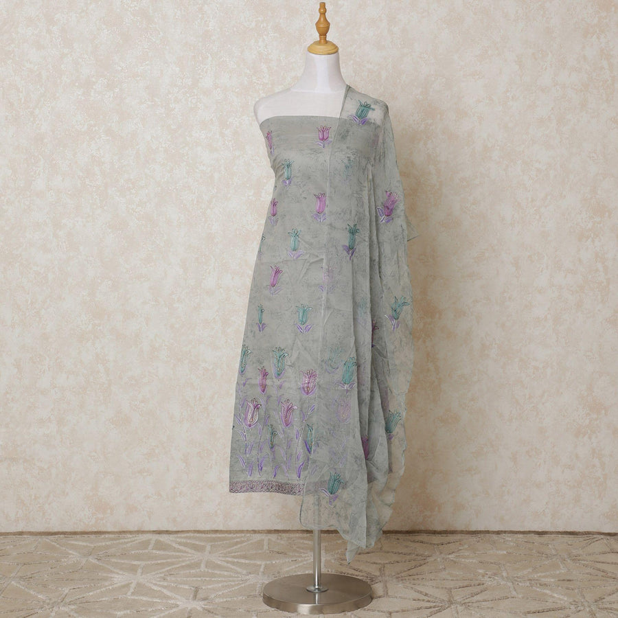 Cloud grey blended cotton lawn fabric with same tone embroidery having multicolor print and stone work in floral design-D12113
