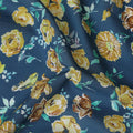 Turkish blue Premium Spanish 100% Cotton with sea green, off white and mustrad yellow print in floral design-D9236 Regal Fabrics