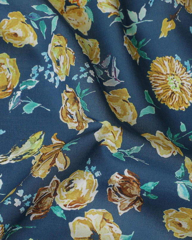 Turkish blue Premium Spanish 100% Cotton with sea green, off white and mustrad yellow print in floral design-D9236 Regal Fabrics