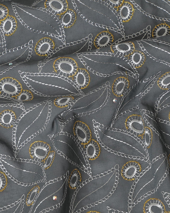 Charcoal grey blue Premium pure 100% Swiss cotton voile (Sudanese Thobe) fabric with white and gold embroidery having stone work in fancy design-D13793