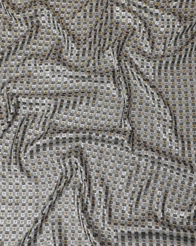 Black premium pure French (Fransawi) silk chiffon fabric with grey viscose having gold and silver metallic lurex in geometric design-D13849