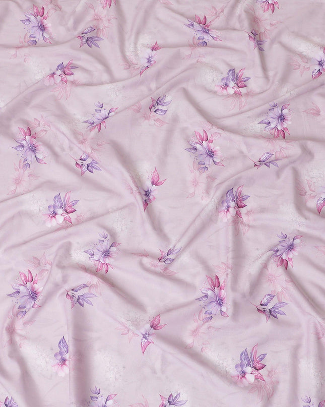 Light pink cotton lawn fabric with off white, lavender and pink print in floral design-D15290