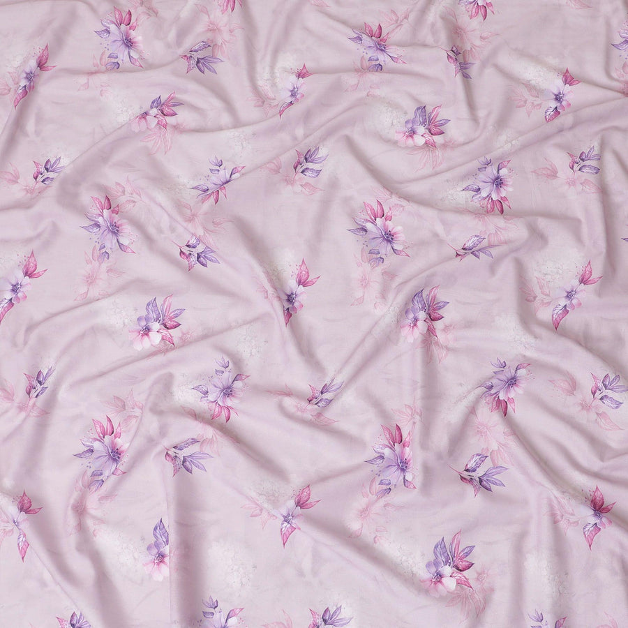 Light pink cotton lawn fabric with off white, lavender and pink print in floral design-D15290