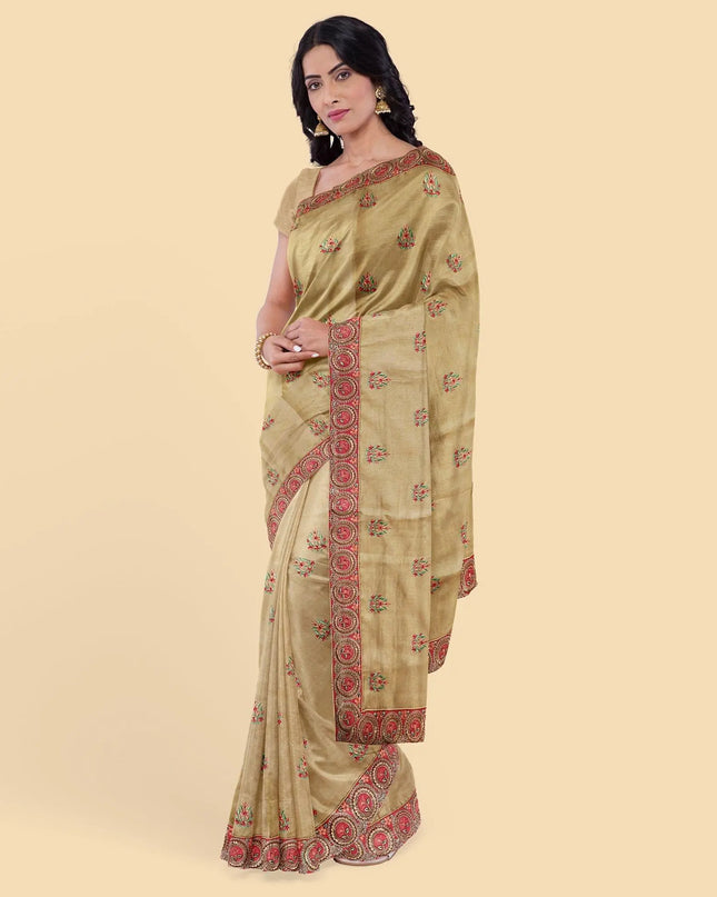 Dandelion gold synthetic tusser silk saree with embroidery in floral design. Blouse piece in same colour-D12743 Regal Fabrics
