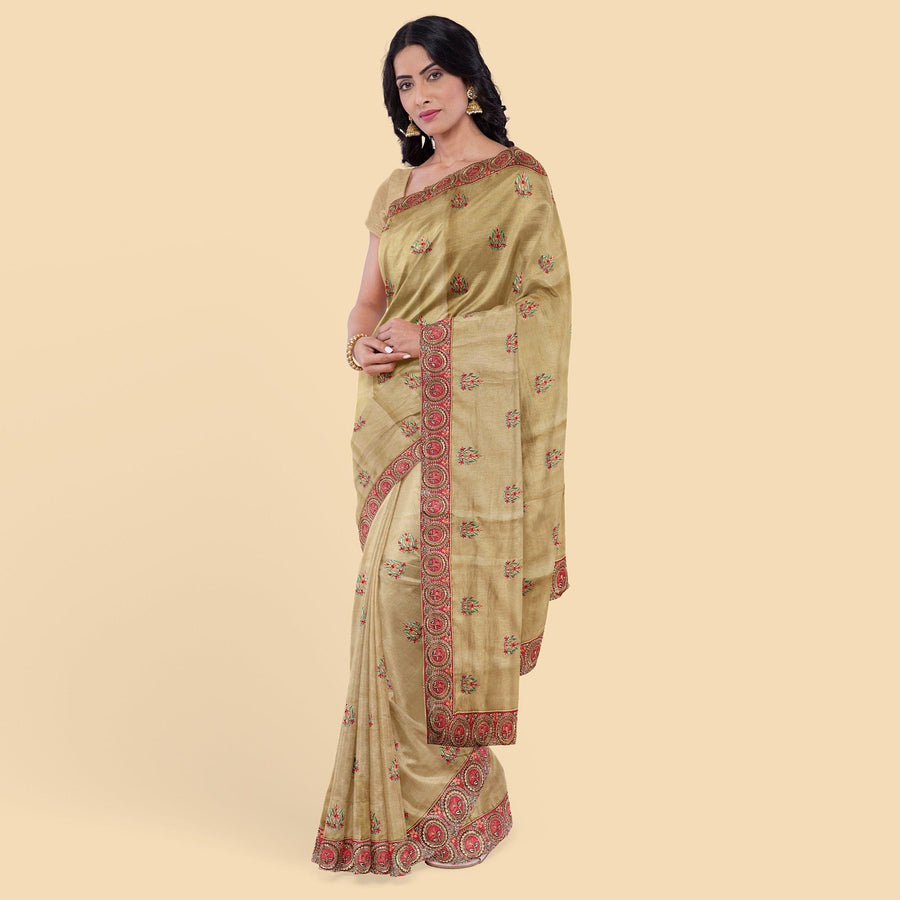 Dandelion gold synthetic tusser silk saree with embroidery in floral design. Blouse piece in same colour-D12743