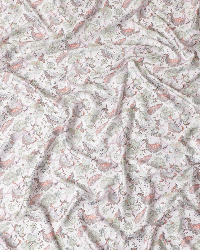 Cream synthetic modal satin fabric with multicolor print in floral design-D15013 Regal Fabrics