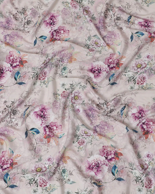 Cream synthetic crepe fabric with multicolor print in floral design-D15029 Regal Fabrics