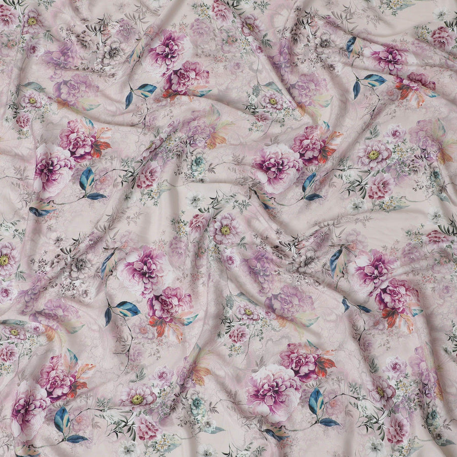 قماش كريب صناعي كريمي مع طباعة متعددة الألوان بتصميم زهور-D15029