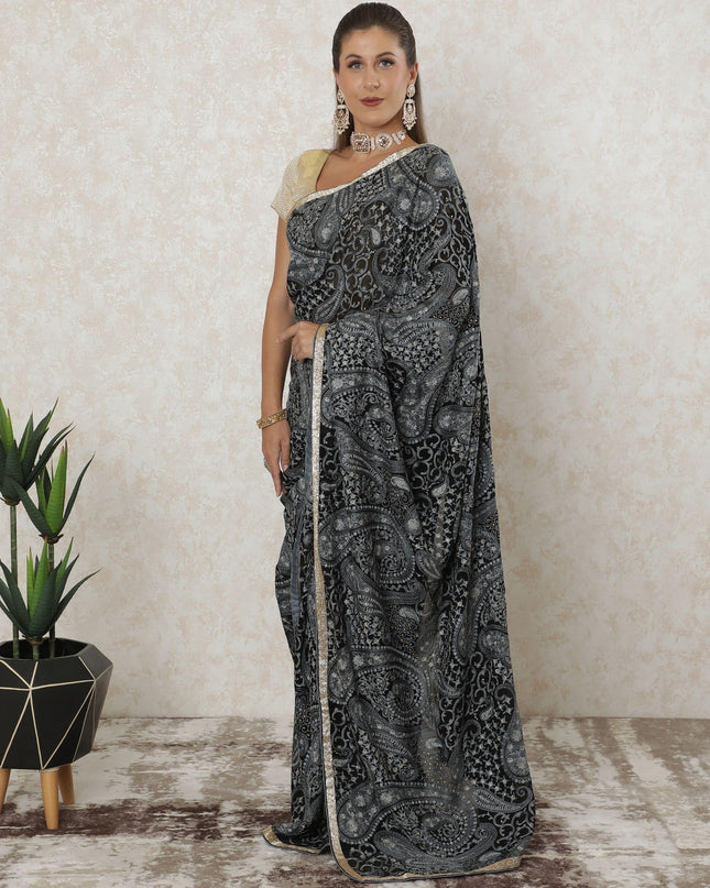 Black premium pure georgette Kashmiri work saree with grey embroidery having stone work and gold border bead work in paisley design-D12563