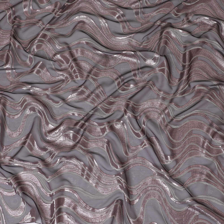 Plum Premium pure French (Fransawi) silk chiffon fabric with beige viscose and copper metallic lurex in abstract design-D14267