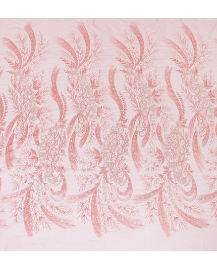 قماش تول من النايلون المرجاني الخوخي مع نفس التطريز والترتر والخرز واللؤلؤ بتصميم الأزهار-D13972