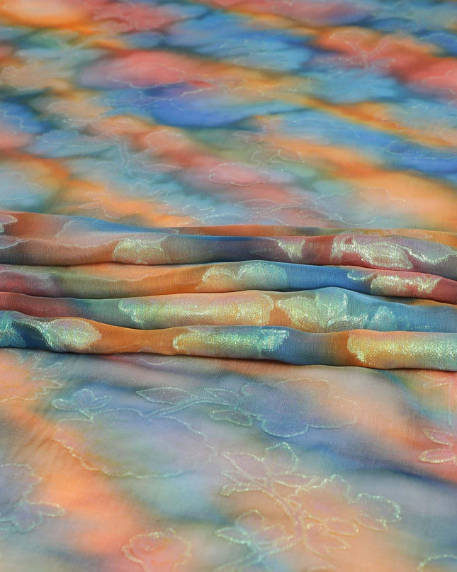 قماش شيفون حريري نقي فاخر متعدد الألوان مع لوريكس معدني أخضر نيون بتصميم زهور - D9676