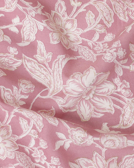 Rose pink cotton lawn fabric with beige print in floral design-D14262
