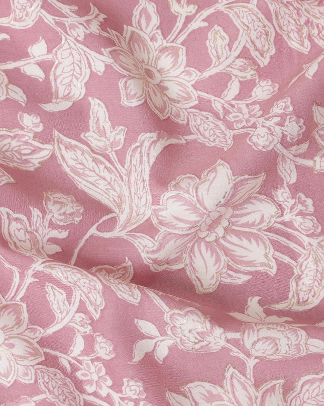 Rose pink cotton lawn fabric with beige print in floral design-D14262 Regal Fabrics