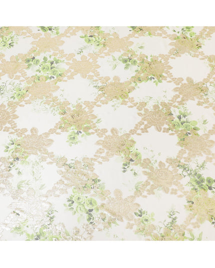 Off white pure silk chiffon fabric with pastel green print having gold metallic lurex in floral design-D8328