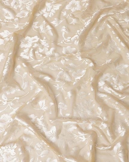 قماش شيفون من الحرير الخالص باللون الذهبي مع جاكار فضي بتصميم زهور -D15317