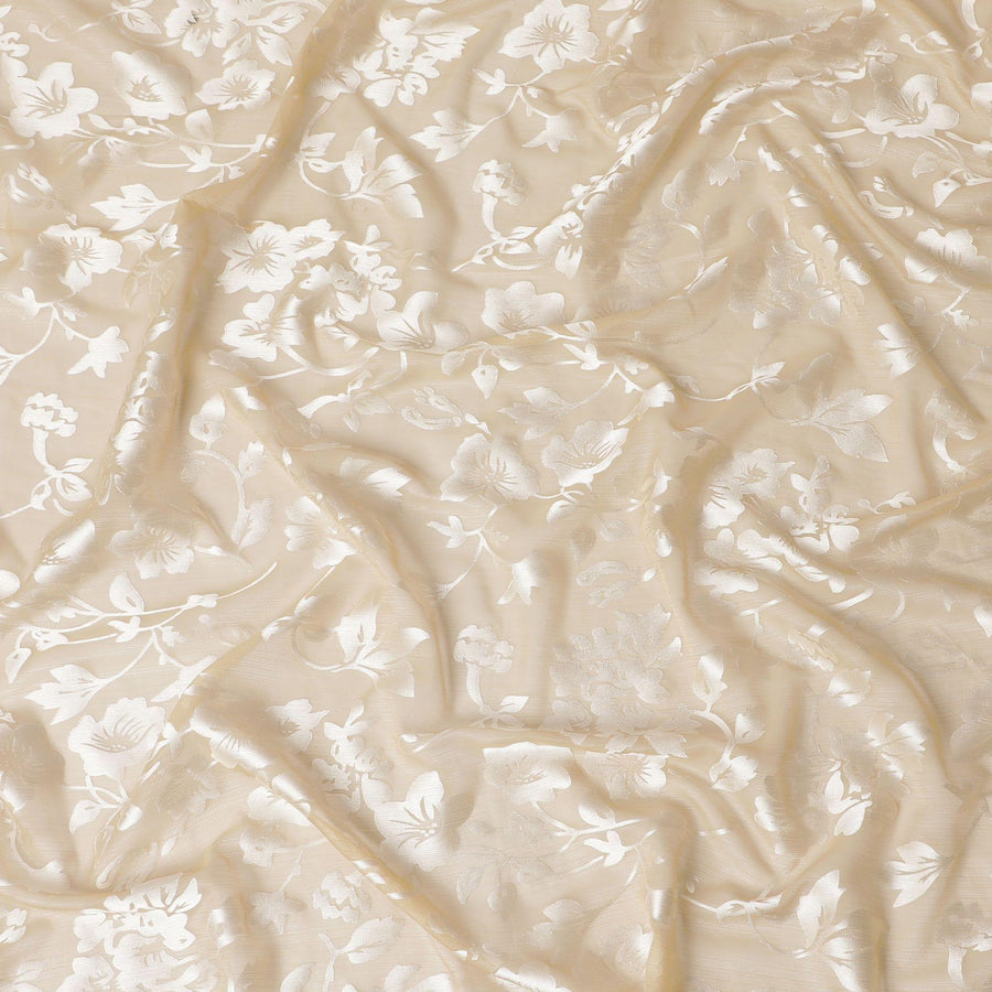 قماش شيفون من الحرير الخالص باللون الذهبي مع جاكار فضي بتصميم زهور -D15317