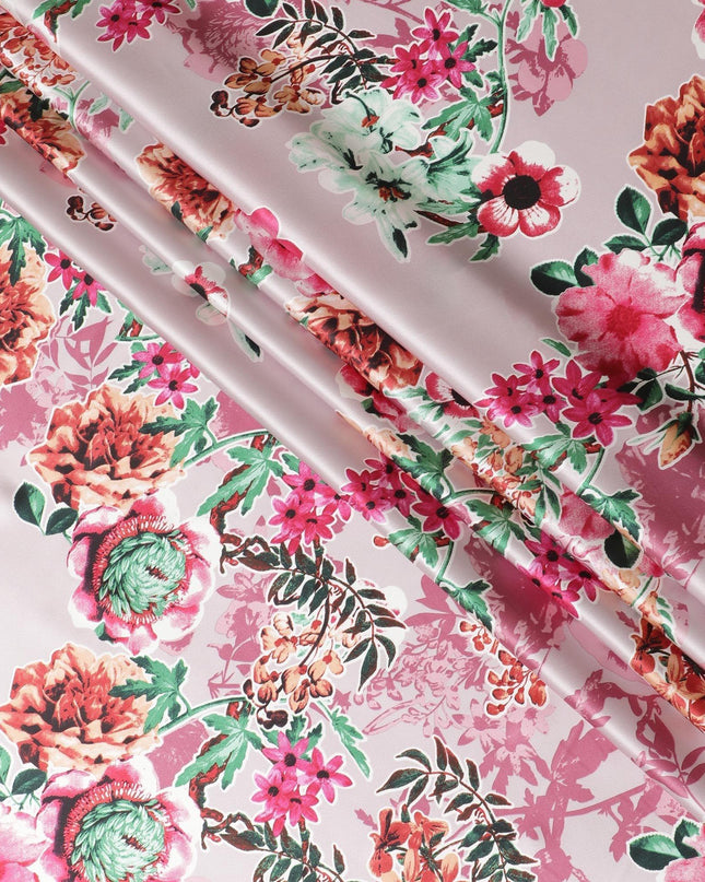 Light pink pure silk satin fabric with multicolor print in floral design-D11039