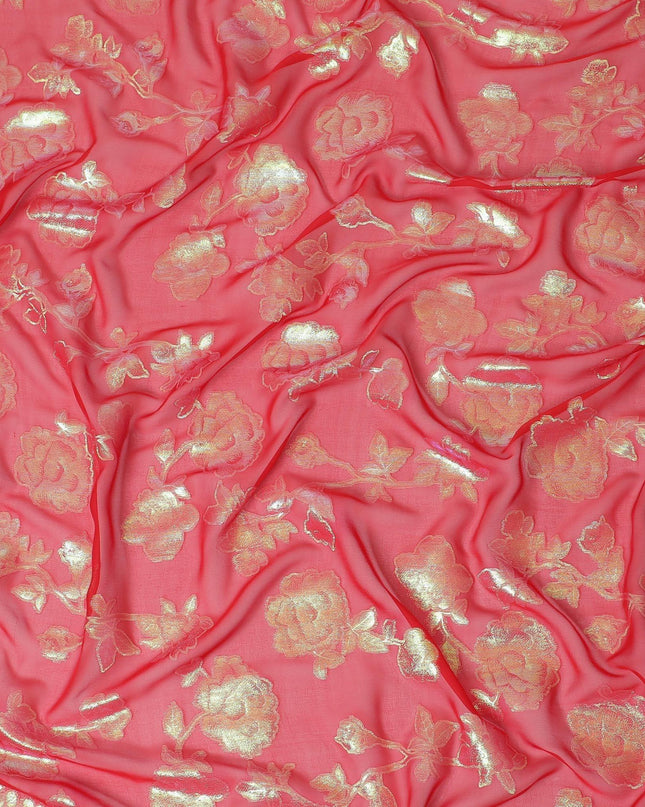 قماش شيفون من الحرير الخالص باللون الأحمر القرمزي مع لوركس معدني أخضر نيون بتصميم زهور-D12418