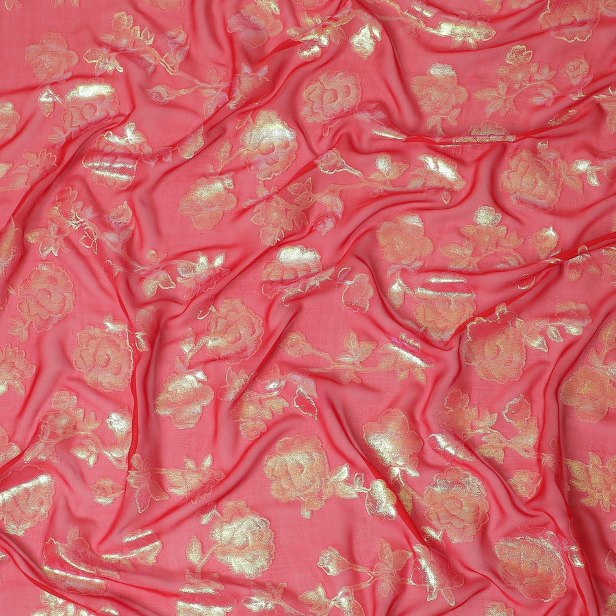 Scarlet red premium pure silk chiffon fabric with neon green metallic lurex in floral design-D12418