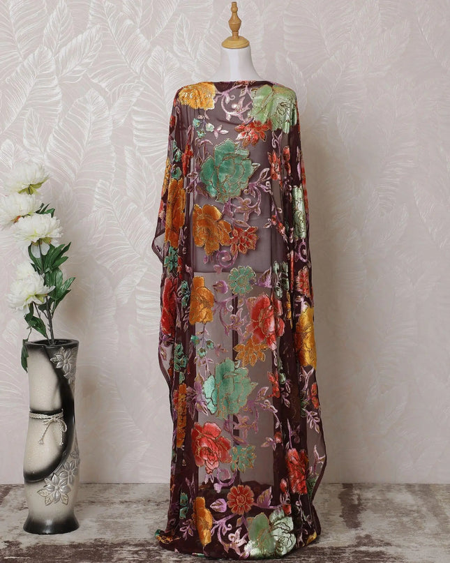 Dark brown, multicolor Premium pure silk blended velvet makmal dirac fabric with gold metallic lurex in floral design-D14868 Regal Fabrics