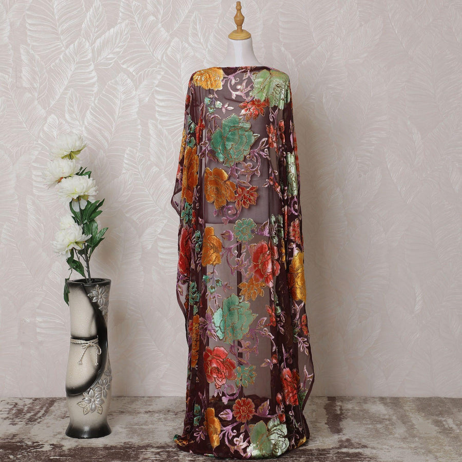 Dark brown, multicolor Premium pure silk blended velvet makmal dirac fabric with gold metallic lurex in floral design-D14868