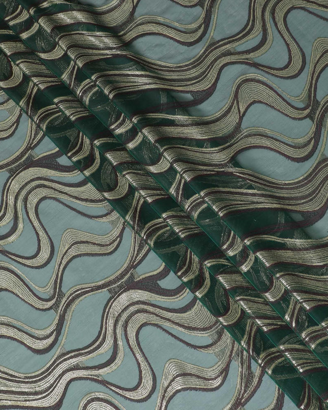 قماش من الشيفون الحريري الفرنسي (الفرنساوي) الفاخر باللون الأخضر الزجاجي مع الفيسكوز البني والوركس المعدني الذهبي بتصميم تجريدي-D14266
