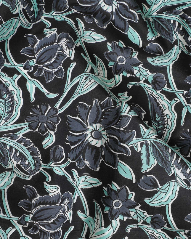 قماش من القطن العضوي باللون الأسود مع طباعة الشاشة باللون الرمادي الحجري والأخضر الفيستا والأبيض الفاتح بتصميم الأزهار-D10283