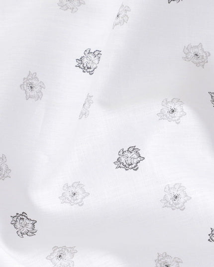 قماش الكتان الخالص الأبيض الفاخر بنسبة 100% مع طباعة باللونين الأسود والرمادي بتصميم الأزهار-D11096