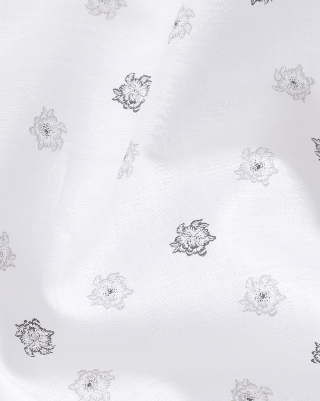 قماش الكتان الخالص الأبيض الفاخر بنسبة 100% مع طباعة باللونين الأسود والرمادي بتصميم الأزهار-D11096