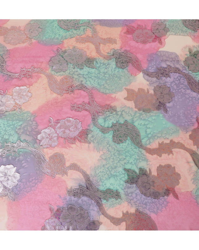 قماش شيفون حريري فرنسي (فرنساوي) فاخر متعدد الألوان مع لوركس معدني ذهبي بتصميم زهور-D14018