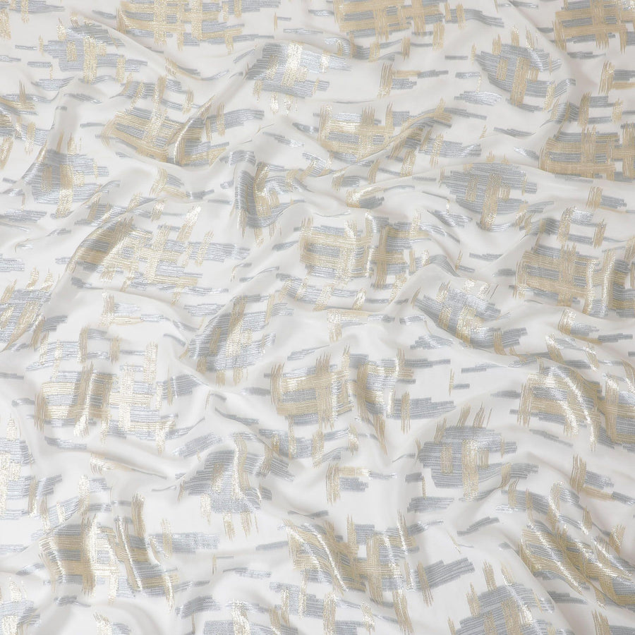 Pearl white Premium pure French (Fransawi) silk chiffon fabric with gold and silver metallic lurex in abstract design-D14309