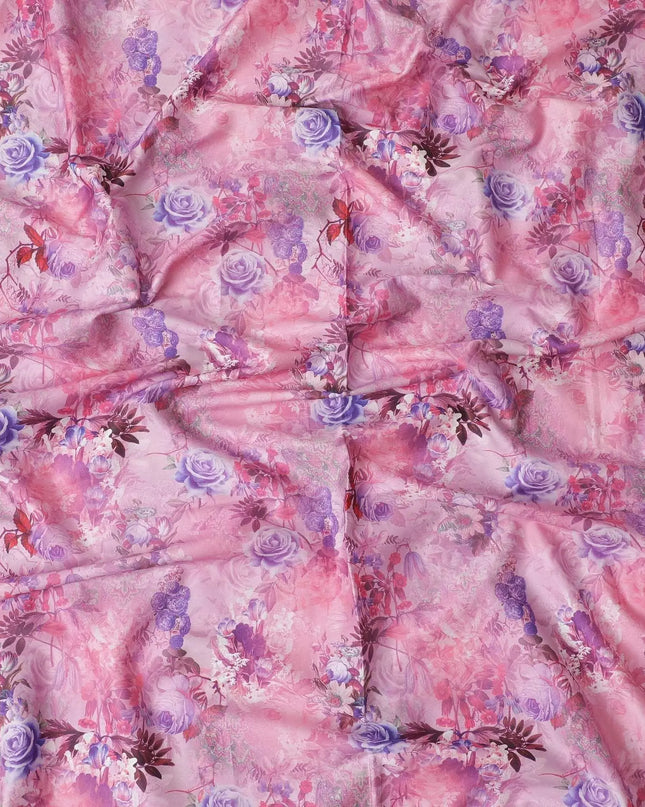 Taffy pink blended cotton lawn fabric  with multicolor print in floral design: D-5666 Regal Fabrics