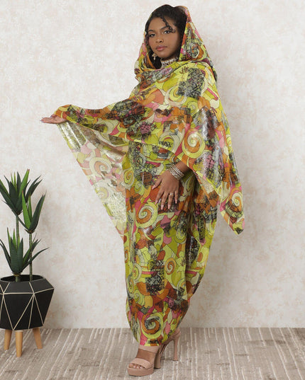 ثوب شيفون حرير خالص أصفر ليموني مع لوركس معدني متعدد الألوان بتصميم تجريدي-D11642