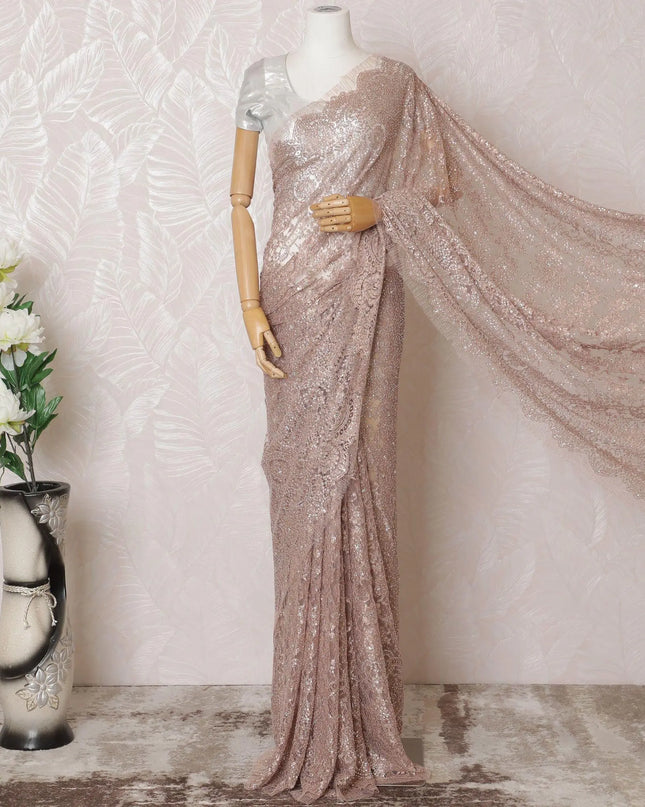 Pale brown Premium pure metallic French chantilly lace saree having stone work in floral design-D14892 Regal Fabrics