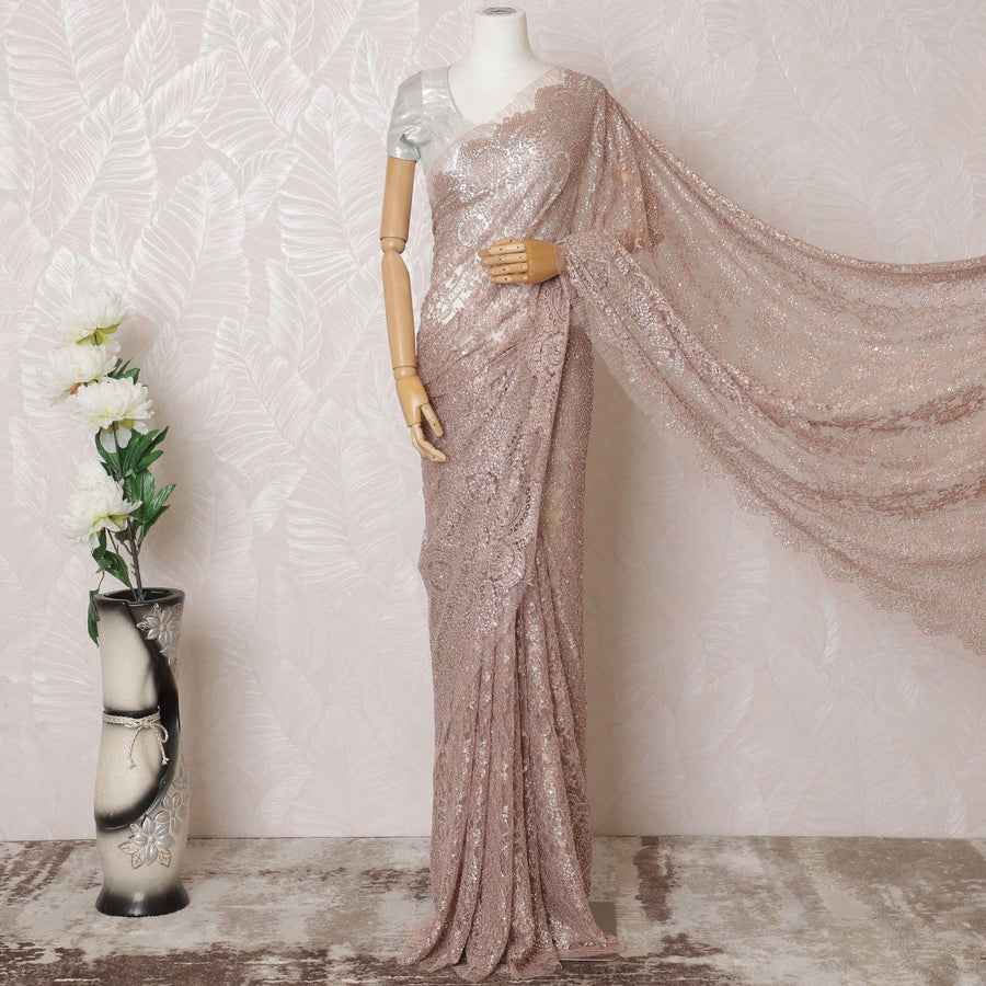 Pale brown Premium pure metallic French chantilly lace saree having stone work in floral design-D14892