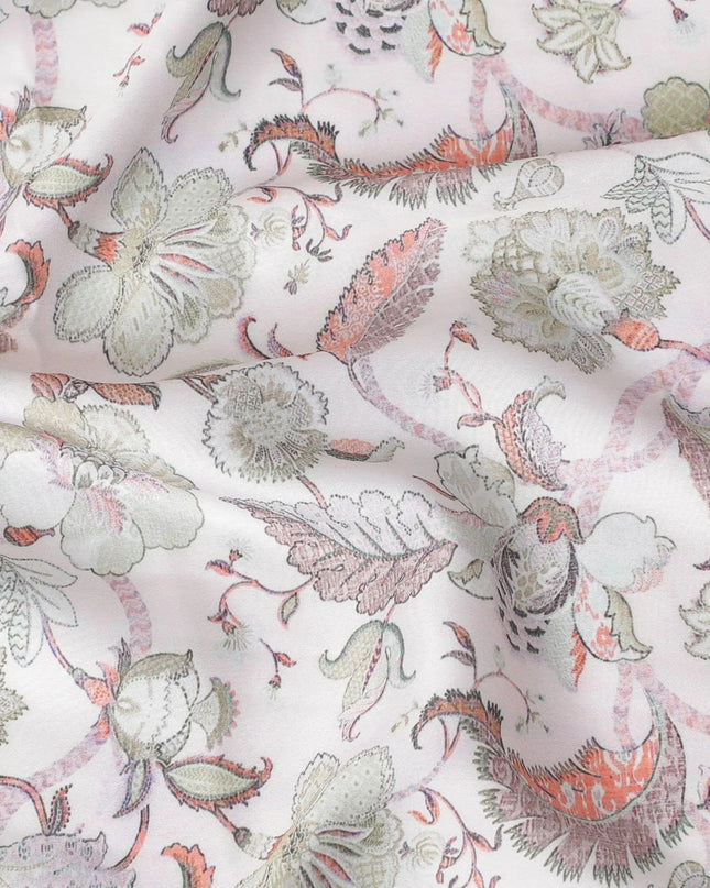 Cream synthetic modal satin fabric with multicolor print in floral design-D15013 Regal Fabrics