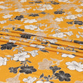 Mustard yellow Italian viscose fabric with black, pale brown and off white print having golden metallic lurex stripe in floral design-D7904 Regal Fabrics